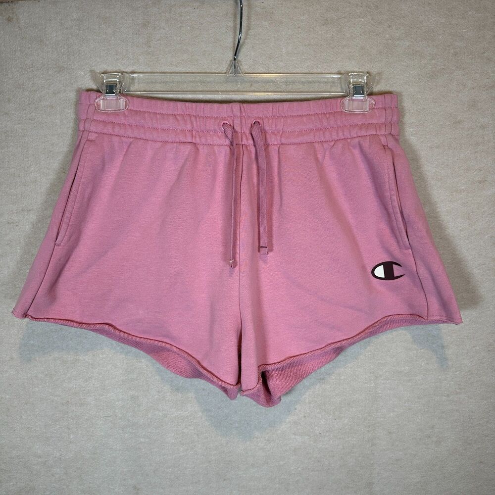 Champion Womens L Pink French Terry Drawstring Sweat Shorts Logo